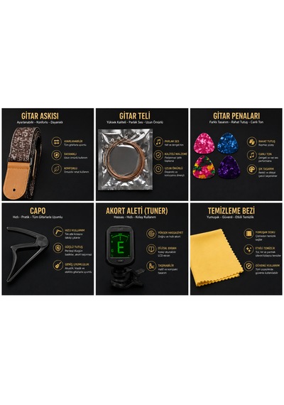 Valares Profesyonel Gitar Aksesuar Seti Tuner + Capo + Tel + Pena + Askı + Temizlik Bezi Full Set