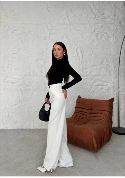 Satenmoda E&b Design Kadın Yüksek Bel Cırt Detay Palazzo Pantolon Beyaz