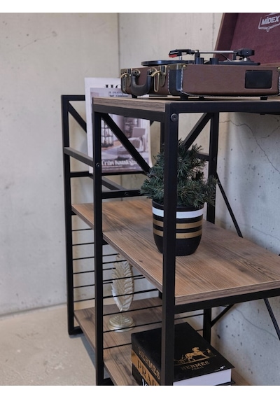 Plak Standı Metal Gövdeli Ahşap Raflı Pilak Köşesi Dresuar Siyah