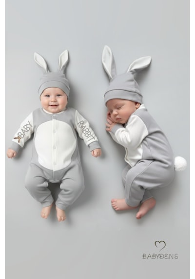 Babyden's Bebek Tavşanlı Tulum Şapka Set %100 Pamuklu Çıtçıtlı,ayarlanır Ponponlu Unisex Yenidoğan Tulum Seti Gri