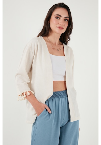 Lela Pamuk Ve Keten Karışımlı Püskül Detaylı Regular Fit Uzun Kimono Bayan Hırka 5869015 Bej