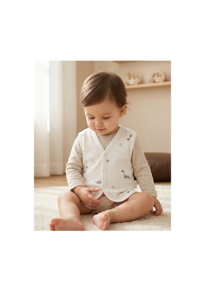 Minory Baby - %100 Pamuk Bebek Yeleği Dinozor Motifli Beyaz Beyaz