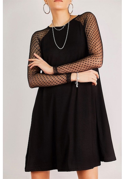 Aqe Fashion Kadın Siyah Kolu Puantiyeli Tül Elbise Siyah