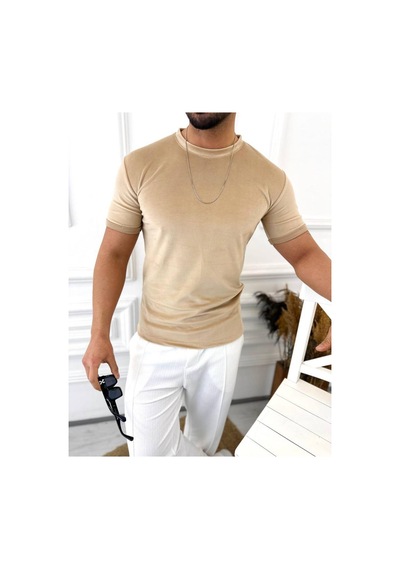 T-shirt Slim Fit Tişört Dar Kesim Kadife Tişört krem
