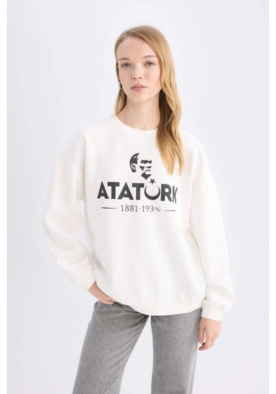 DeFacto Oversize Geniş Kalıp Bisiklet Yaka Atatürk Baskılı Sweatshirt E5447AX24WNWT32