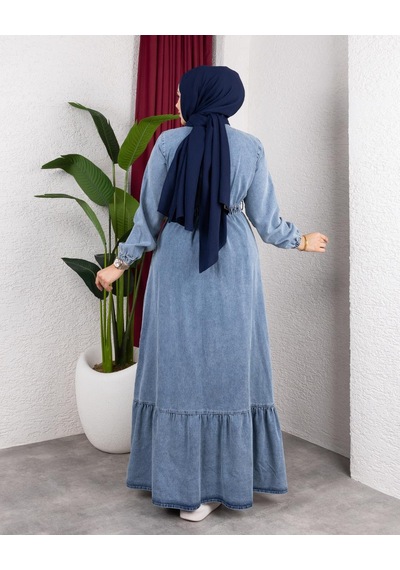 Hb Harma Time Butik Kadın Düğmeli Kuşaklı Denim Kot Mavi Elbise