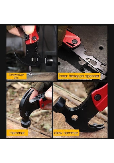 Valkyrie Çok Fonksiyonlu Çekiç Çakı Çantalı Kamp Outdoor Testere Tornavida Seti Kırmızı