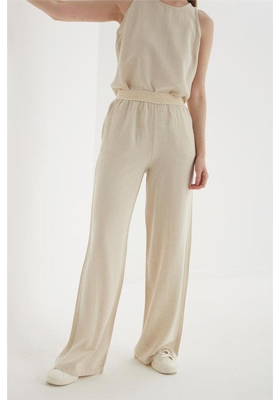 Beli Lastikli Geniş Paça Keten Pantolon Natural Natural