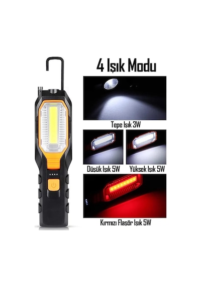 El Feneri 4 Modlu 90 Akrobat Led Çalışma Işığı İş Lambası Darbeye Dayanıklı Mıknatıslı Fener 8w Turuncu