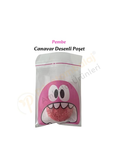 25 Adet Pembe Canavar Desenli Cake Pop & Kurabiye Poşeti-10x15 Cm