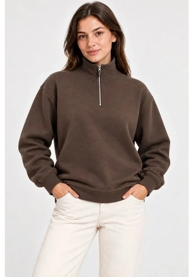 DefyModa Üç İplik İçi Şardonlu Dik Yaka Yarım Fermuarlı Kışlık Sweatshirt - Kahverengi