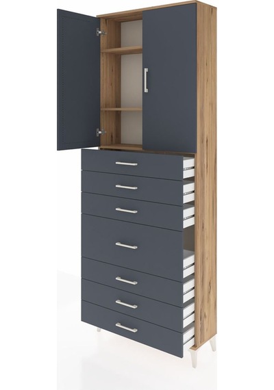 Arges Dolap 3 Raflı 7 Çekmeceli 2 Kapaklı 88x30x243 Çam-antrasit Çam