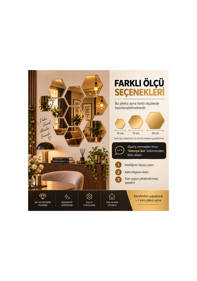 Kendinden Yapışkanlı Altıgen Dekoratif Duvar Aynası 1 Mm Kalınlık Petek Model Modern Salon, Antre Ve Yatak Odası Aynası Gümüş