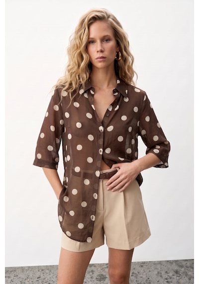 Sateen Puantiye Desenli Gömlek - Kahve-137748