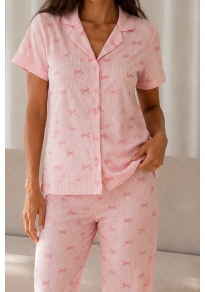 Kadın Loose Uzun Paça Pamuk Pembe Pijama Takımı