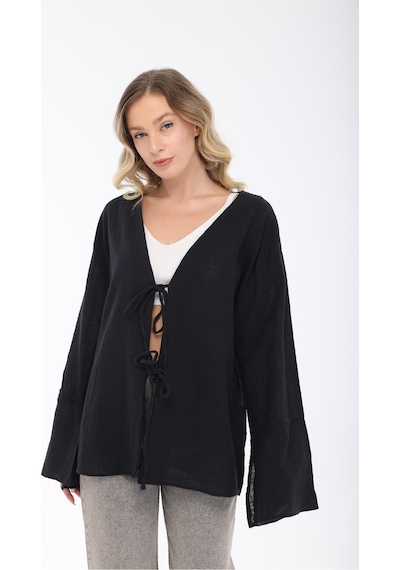 Blayn Jeans Blayn Kadın Keten Kimono Oversize Rahat Kalıp Yazlık Uzun Kollu Kimono Siyah