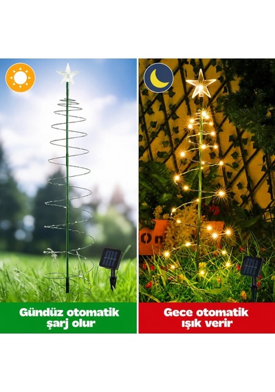 Güneş Enerjili Led Noel Yılbaşı Ağacı Bahçe Solar Balkon Teras Aydınlatması 68 Cm 8 Modlu Sıcak Beyaz