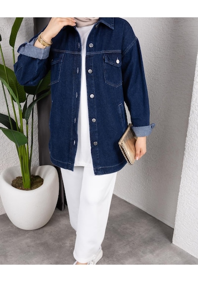 Hb Harma Time Butik Kadın Yıkamalı Cepli Denim Kot Lacivert Ceket