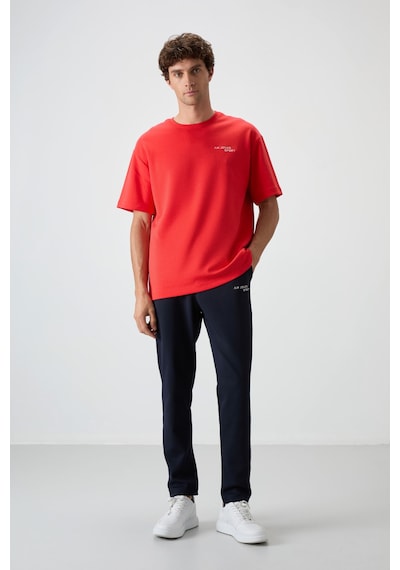 Tommy Life Fiesta - Lacivert Pamuklu Kalın Yumuşak Dokulu Oversize Fit Nakışlı Erkek Eşofman Takım - 85252 Kırmızı - Lacivert