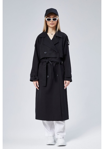 Oversize Kruvaze Kapama Rüzgarlık Detaylı Trençkot 44956 Siyah