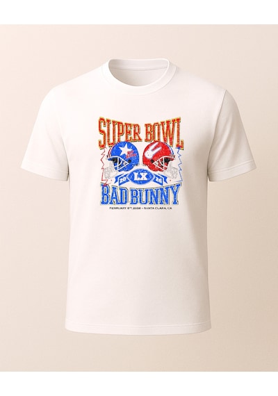 Super Bowl Baskılı Bad Bunny T-shirt Beyaz