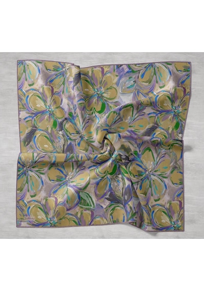 Silk Home Tivil İpek Eşarp Ist 11501- 02 Yağ Yeşili Çiçek Desen Bej