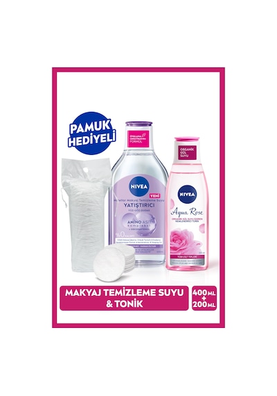 NIVEA Yatıştırıcı Micellar Makyaj Temizleme Suyu 400 ML + Aqua Rose Nemlendirici Tonik 200 ML + Pamuk