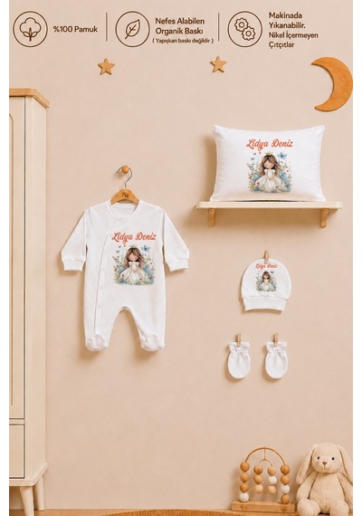 Pia Baby İsme Özel %100 Pamuk Kız Bebek Yastık Battaniyeli Tulum Set Kese Hediyeli 1078tybk0x Krem