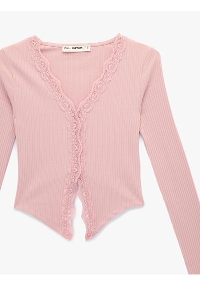 Koton V Yaka Dantel Detaylı Uzun Kollu Slim Fit Tişört Pembe 6sal10221ık Gül