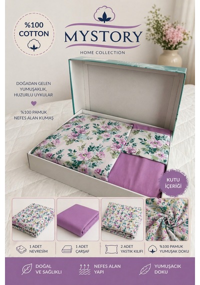 %100 Pamuk Çift Kişilik Nevresim Takımı Spring Bloom Lila Lila Yeşil Sarı