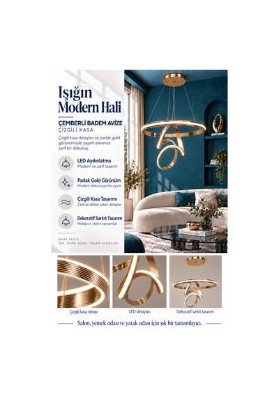 Çemberli Badem Büyük Modern Ledli Avize Çizgili 3 Renk Power Ledli Gold Kaplama Kumandalı Yatak Odası Salon Mutfak