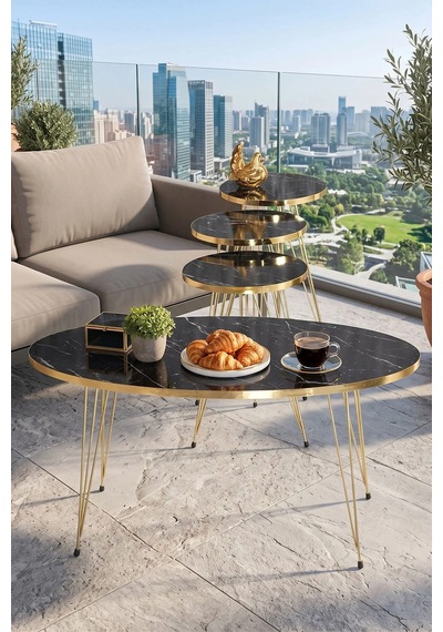 Odera Bendir Siyah Mermer Desenli Oval Orta Sehpa Ve Yuvarlak Zigon Sehpa 4'lü Set Pvc Kenarlı Metal Ayaklı Retro Modern Salon Sehpası Diğer