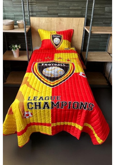 Football Tek Kişilik Kapitoneli Yatak Örtüsü Sarı Kırmızı 180x240 Cm Kırmızı - Sarı