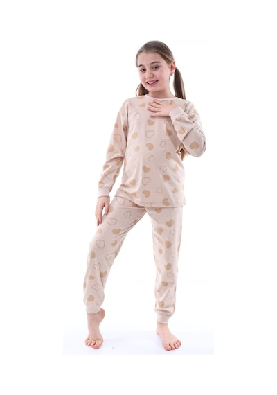 Uzun Kollu %100 Pamuk Kız Çocuk Pijama Takımı Bisiklet Yaka Manşetli 3-8 Yaş Pudra