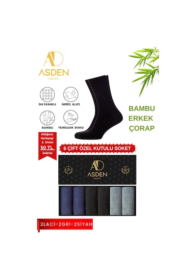 Asden Bambu Erkek Soket Çorap 3 Siyah 3 Lacivert Premium Kutu, Burun Dikişsiz, Yıkamalı 2 Siyah 2 Gri 2 Lacivert