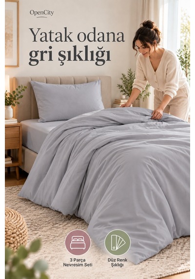 Gri Tek Kişilik Nevresim Takımı 3 Parça Düz Renk 160x220 Nevresim Çarşaf Yastık Kılıfı Sade Tasarım