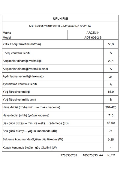 Arçelik ADT 606-2 B Fibona Serisi Ankastre Duvar Tipi Davlumbaz