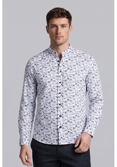 Xint Bisse Lacivert Regular Fit Keten Cepsiz Uzun Hakim Yaka Gömlek Bsgmktn26307 C39