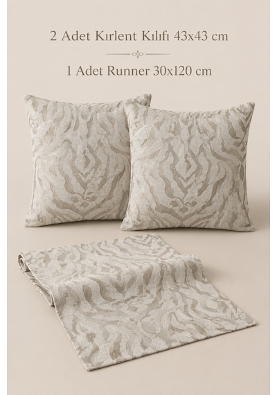 Fuly Consept Ekru Ve Gold Dokulu 2 Li Kırlent Kılıfı 43x43 Ve Runner 30x120 Set