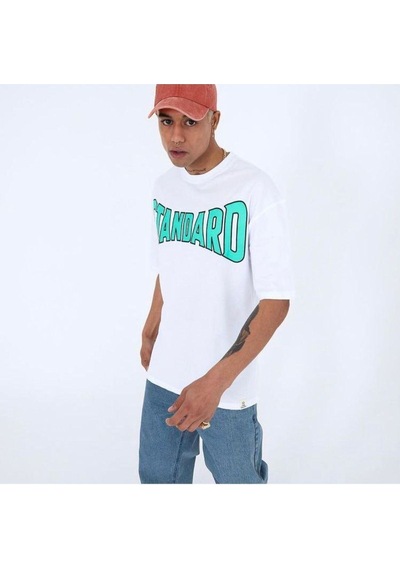 Flood Of Style Erkek Beyaz Standard Baskılı Oversize Bisiklet Yaka Tshirt