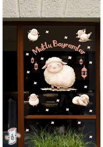 Sevimli Kuzulu Kurban Bayramı Cam Sticker Seti Çift Taraflı 61 Parça Bayram Süsü Premium Sticker Dijital Baskı