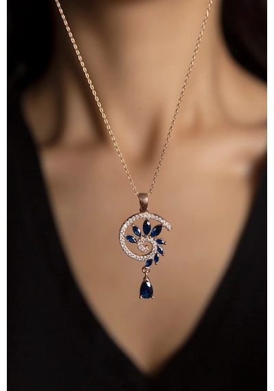 Papatya Silver 925 Ayar Gümüş Rose Kaplama Lacivert Renkli Spiral Snail Tasarım Kolye