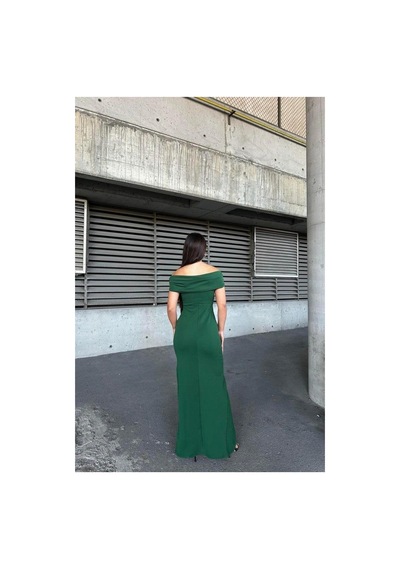 DefyModa Kadın Halter Yaka Taş Detaylı Abiye Elbise Zümrüt