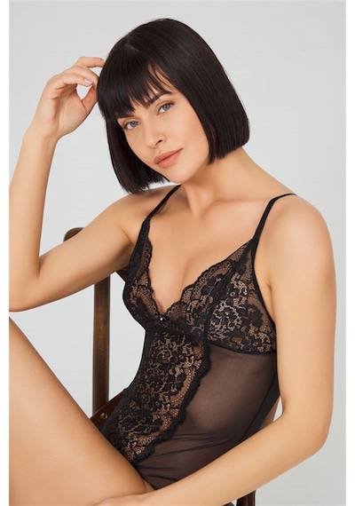 Cottonhill Siyah Çıtçıtlı Dantelli Transparan Balensiz Bodysuit Siyah