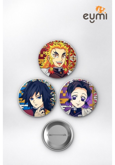 Demon Slayer Hashiralar Rengoku Giyu Shinobu Çanta Süsü Rozet İğneli Buton Rozet Seti 58 Mm 3'lü Çok Renkli