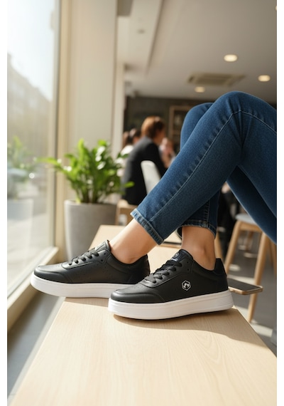 Enoch Kadın Spor Ayakkabı Amblem Detaylı Ve Ortopedik Düz Tabanlı Casual Sneaker Siyah Beyaz Enoch Kadın Spor Ayakkabı Amblem Detaylı Ve Ortopedik Düz Tabanlı Casual Sneaker Siyah Beyaz