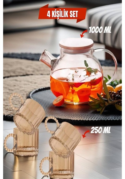 4 Kişilik Set Takım 1 Adet Cam Demlik 1000 Ml - 4 Fincan 250 Ml - Model 4 Diğer