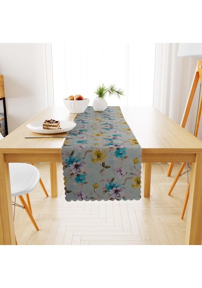 Çiçek Desenli Hardal Mavi Dijital Baskılı Süet Dokuma Runner 40x140