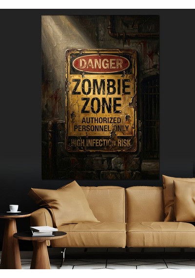 Retro Zombie Zone Uyarı Levhası Dekoratif Kanvas - Mdf Ahşap Tablo