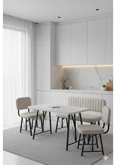 Elfin 70x110 Beyaz Sabit, 2 Sandalye 1 Bench, Masa Sandalye Takımı, Mutfak Masası Takımı - Krem Elfin 70x110 Beyaz Sabit, 2 Sandalye 1 Bench, Masa Sandalye Takımı, Mutfak Masası Takımı - Krem